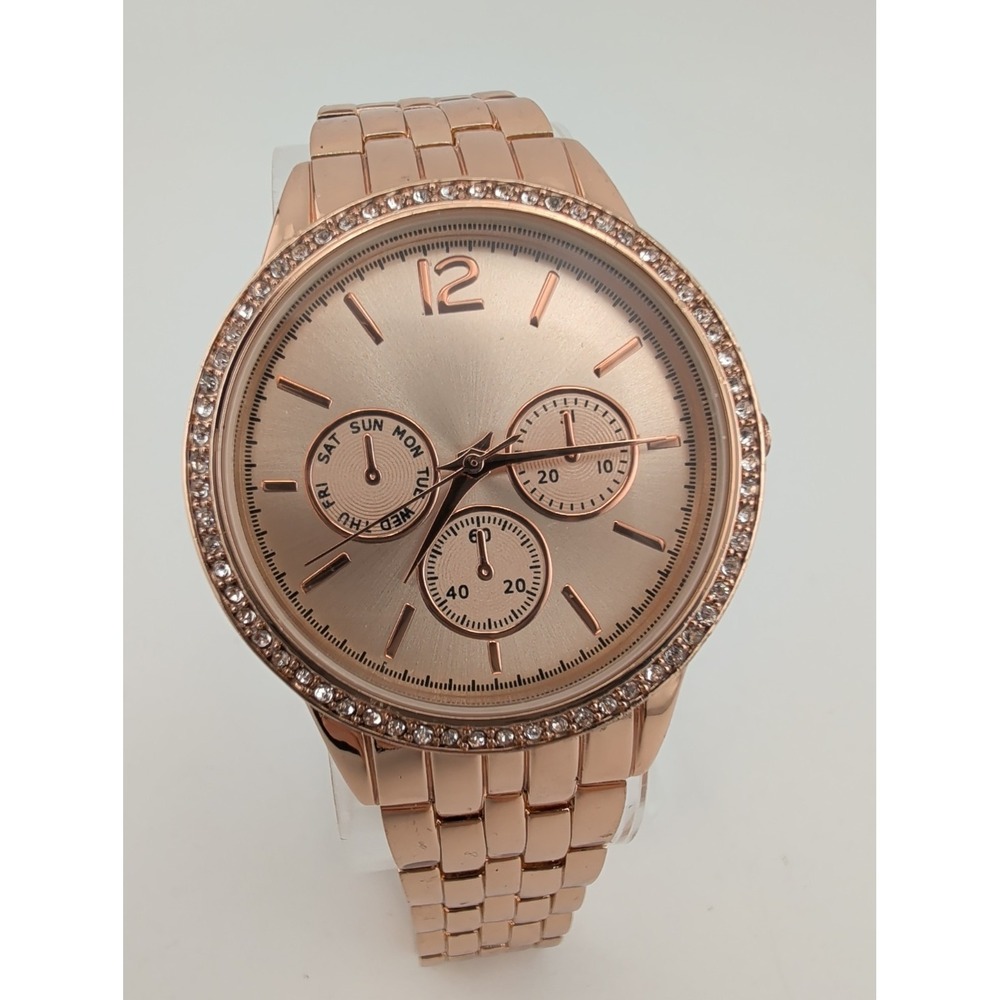 Women's Rose Gold Quartz Watch 38mm Case Crystal Bezel 7.25" Band- New Battery